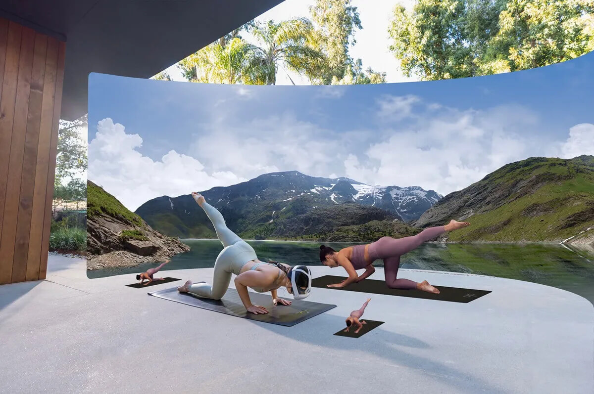 An augmented reality experience with several yoga instructors as volumetric captures performing a pose with a raised leg.